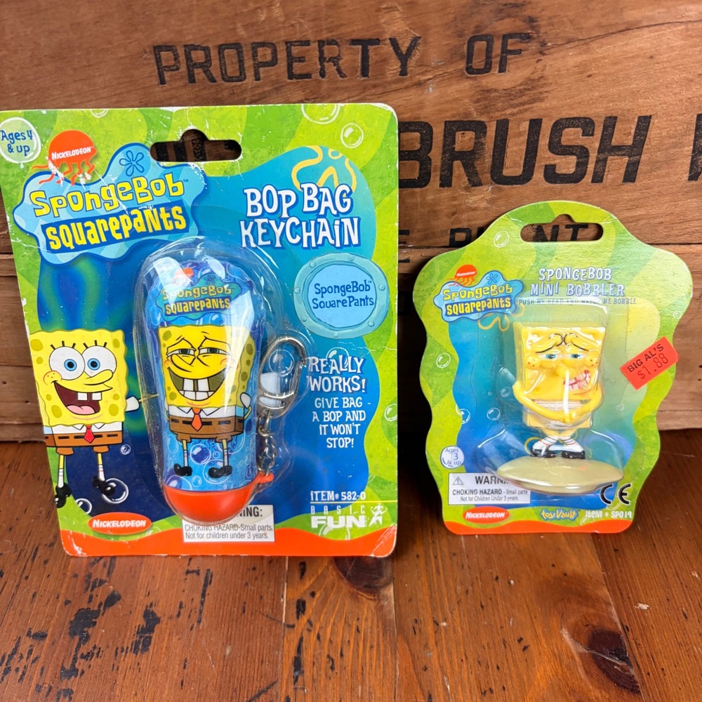Vintage 2002 SpongeBob SquarePants Bop Bag Keychain & Mini Bobbler Toy Set NOS